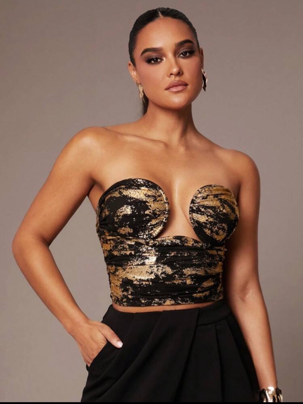 Strapless Black & Gold Sequin Bustier Crop Top, Size small
